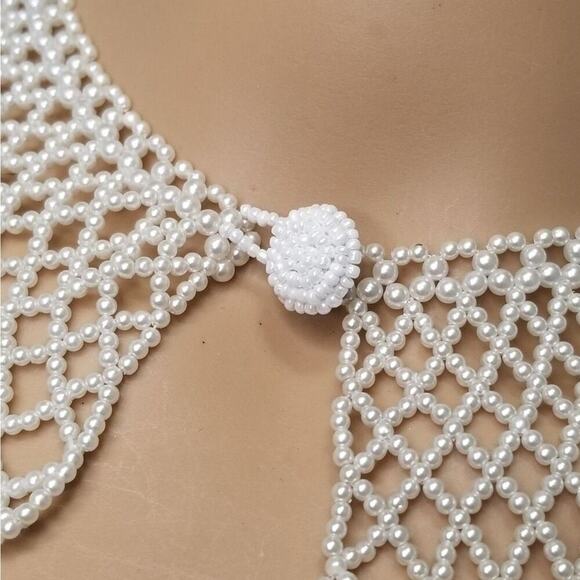 Vintage Faux Mini Multi Size White Pearl Wide Collar Bib Necklace Pearl Button - Picture 4 of 6